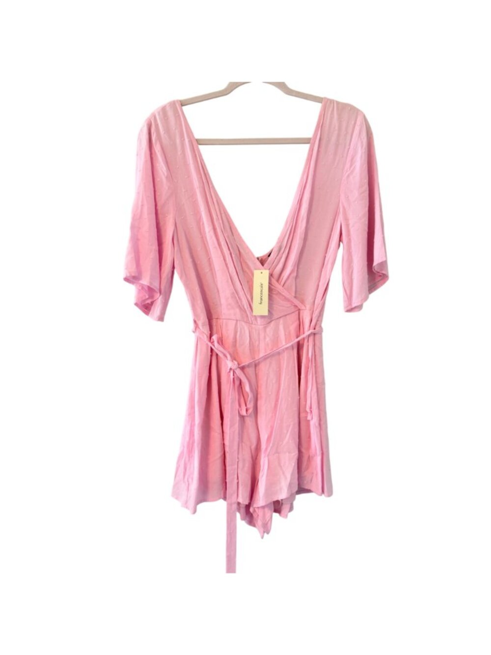 Trixxi Womens Pink Surplice Romper With Waist Tie Sz Medium Short Sleeves. NWT - Picture 3 of 12